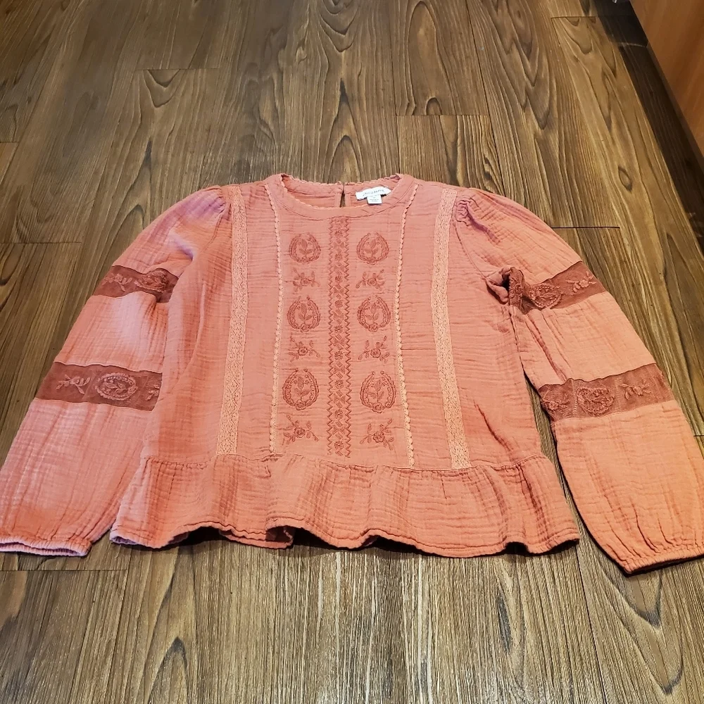 Calligraphie Dusty Rose Top Long Sleeve Peplum Cotton Embroidered Mesh Casual M